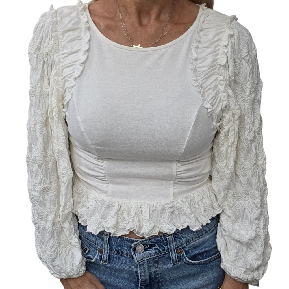 Free People White Ruffle Puff Sleeve Peplum Top Size M Coquette